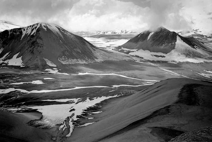 Katmai Pass, as seen from the summit of Baked Mountain, 2002.  (© Gary Freeburg)